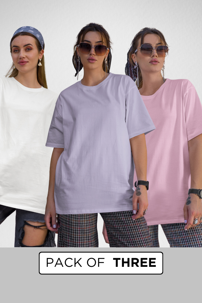 Pack Of 3 Oversized T-Shirts Lavender Light Pink And White For Women - WowWaves - 1