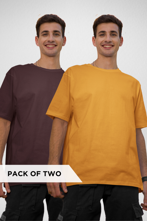 Maroon And Mustard Yellow Oversized T-Shirts Combo For Men - WowWaves