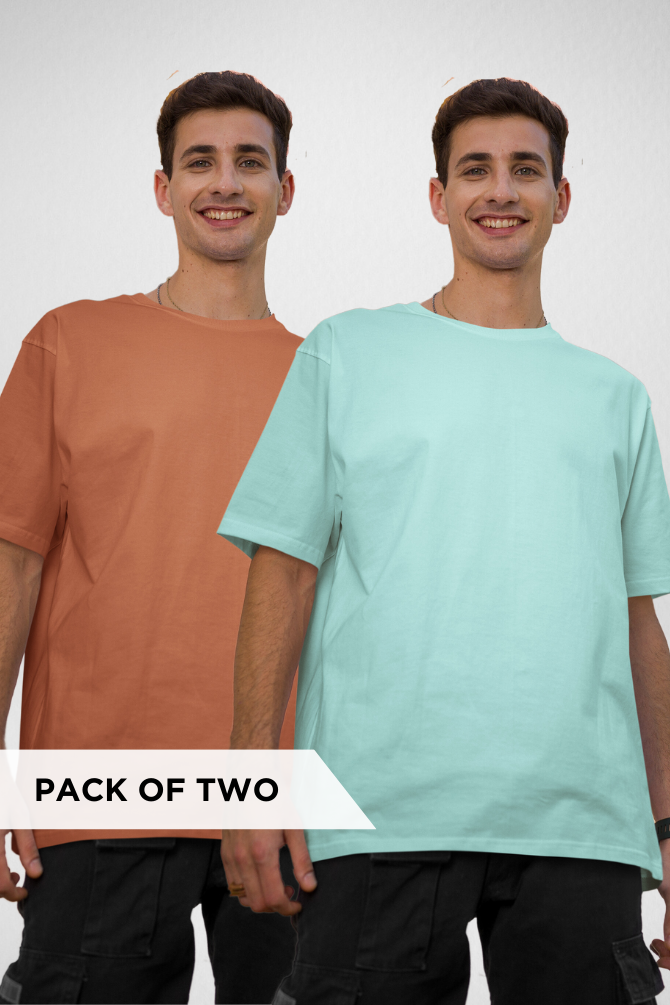 Mint And Coral Oversized T-Shirts Combo For Men - WowWaves - 1