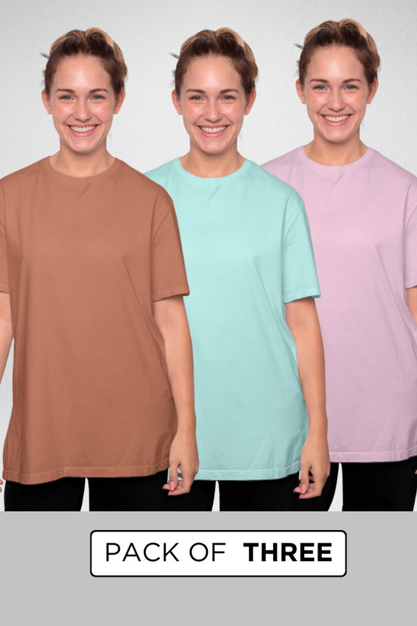 Pack Of 3 Oversized T-Shirts Mint Coral And Light Pink For Women - WowWaves