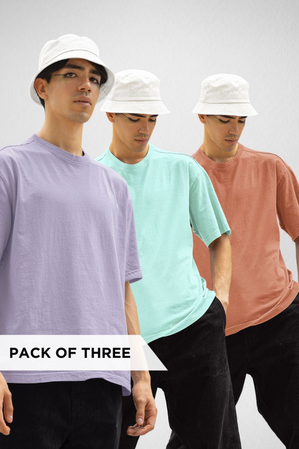 Pack Of 3 Oversized T-Shirts Mint Lavender And Coral For Men - WowWaves
