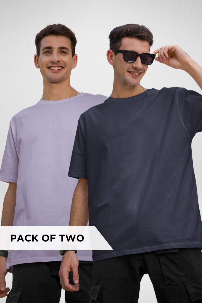 Navy Blue And Lavender Oversized T-Shirts Combo For Men - WowWaves - 1