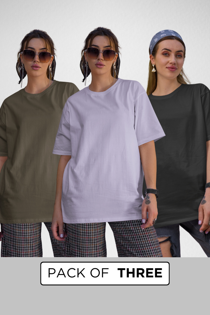 Pack Of 3 Oversized T-Shirts Olive Green Black And Lavender For Women - WowWaves - 1