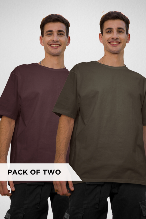 Olive Green And Maroon Oversized T-Shirts Combo For Men - WowWaves