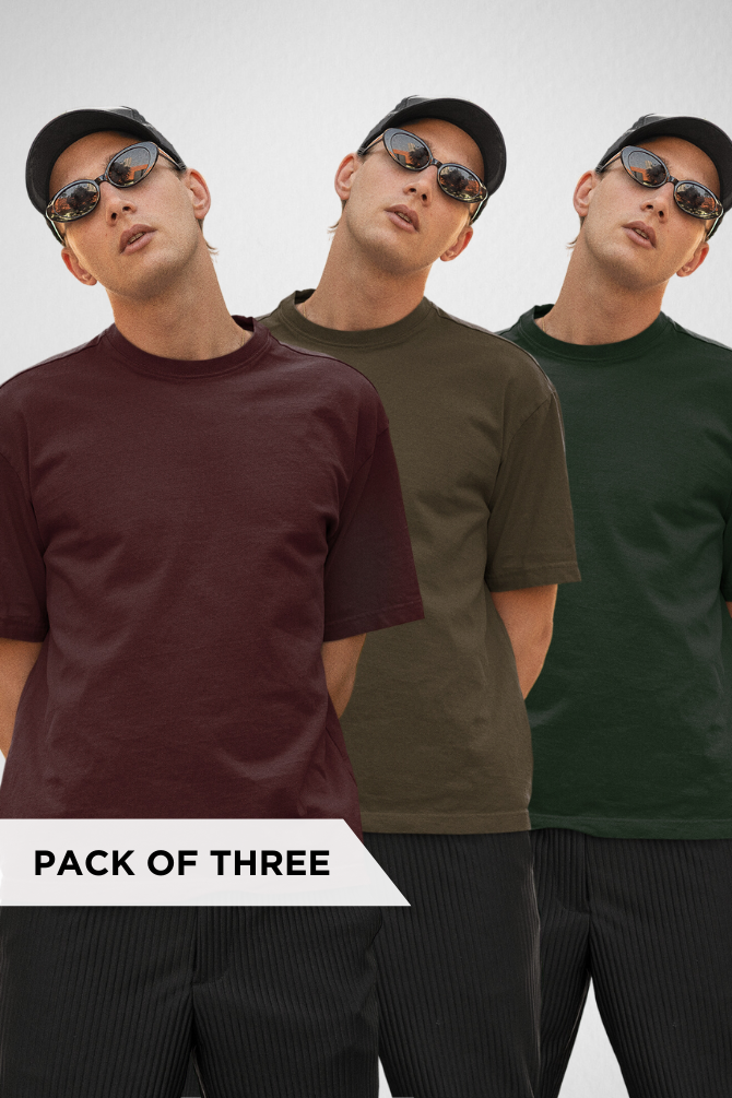 Pack Of 3 Oversized T-Shirts Olive Green Maroon And Bottle Green For Men - WowWaves - 1