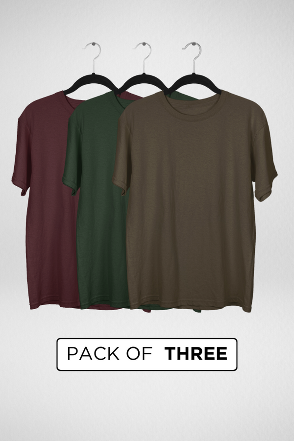 Pack Of 3 Oversized T-Shirts Olive Green Maroon And Bottle Green For Men - WowWaves