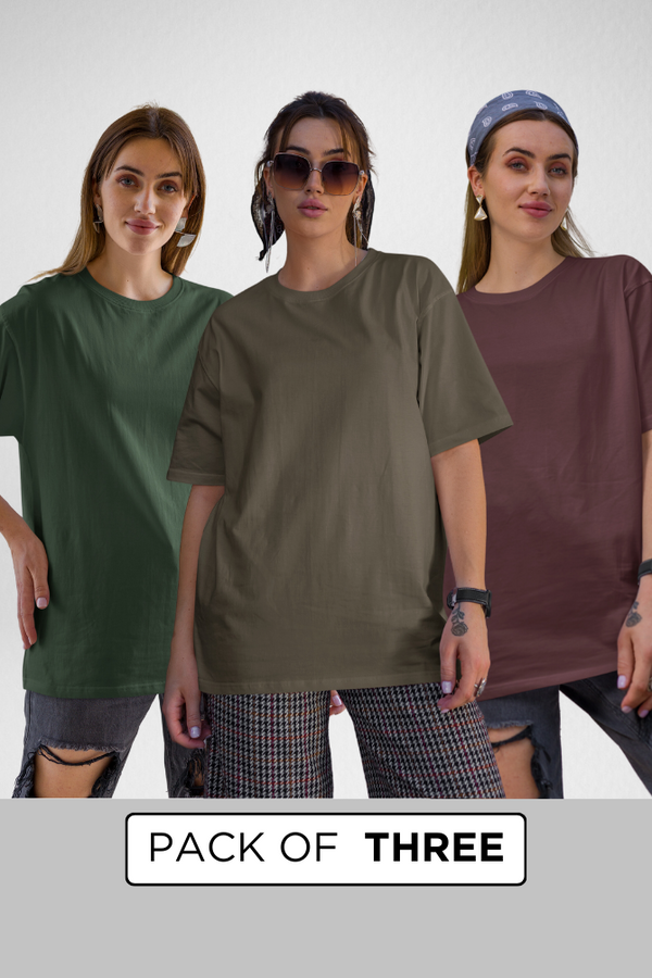 Pack Of 3 Oversized T-Shirts Olive Green Maroon And Bottle Green For Women - WowWaves