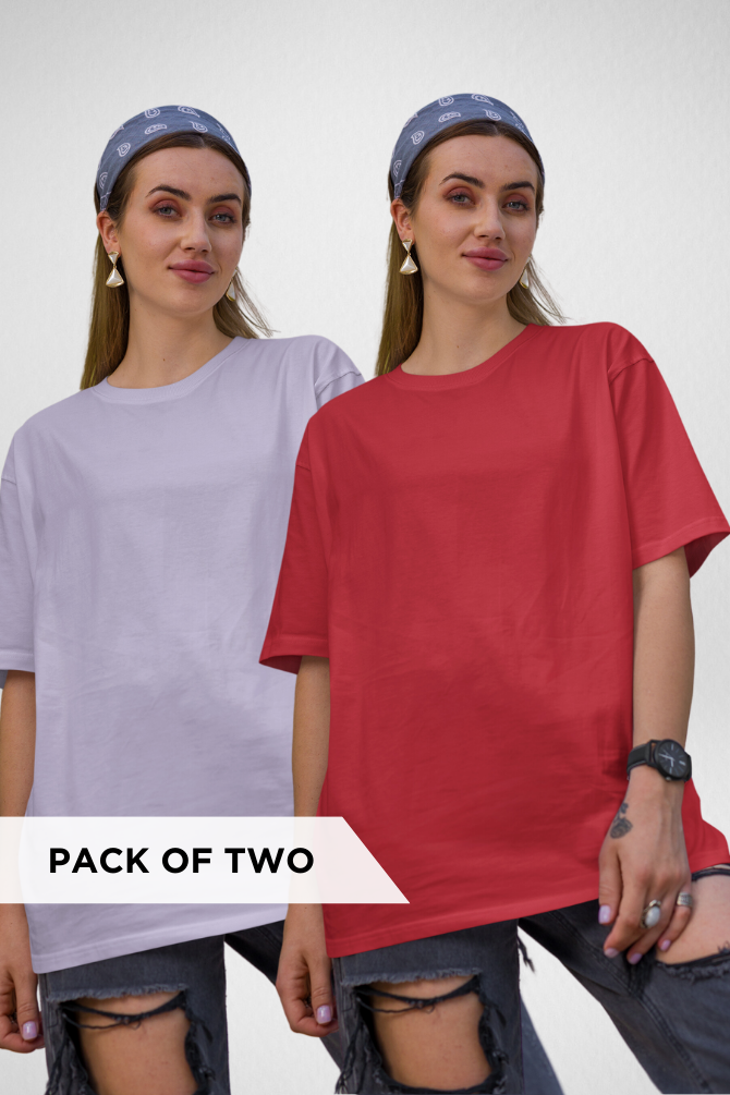 Red And Lavender Oversized T-Shirts Combo For Women - WowWaves