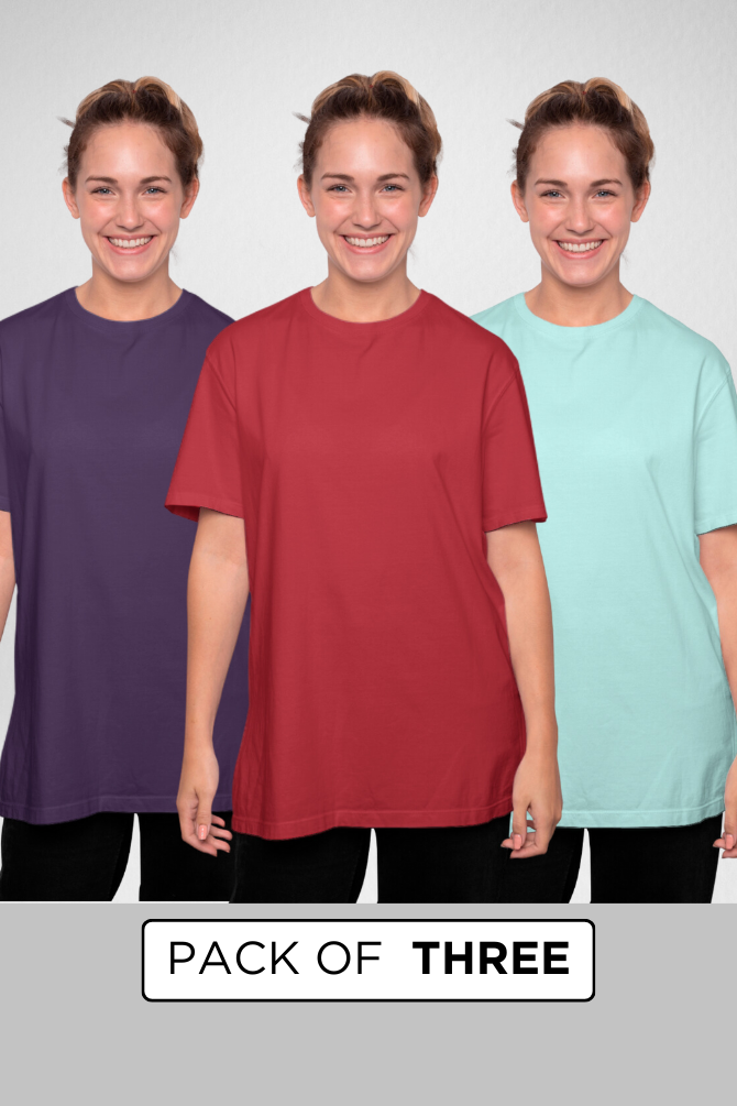 Pack Of 3 Oversized T-Shirts Red Mint And Purple For Women - WowWaves - 1