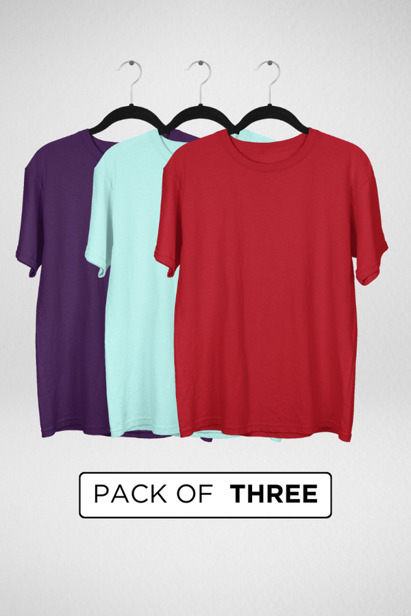 Pack Of 3 Oversized T-Shirts Red Mint And Purple For Women - WowWaves