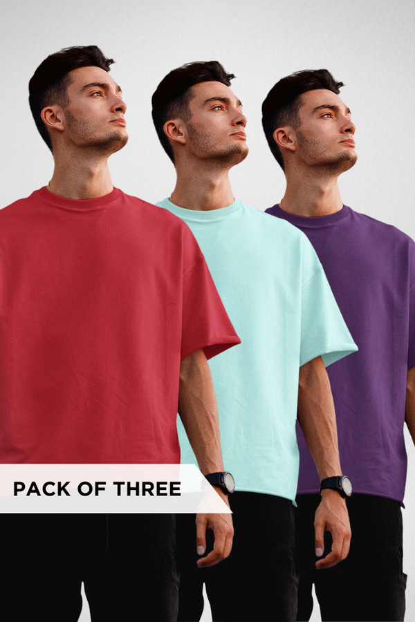 Pack Of 3 Oversized T-Shirts Red Mint And Purple For Men - WowWaves