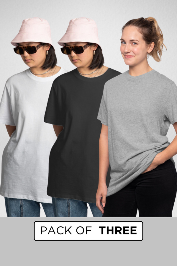 Pack Of 3 Oversized T-Shirts White Black And Grey Melange For Women - WowWaves