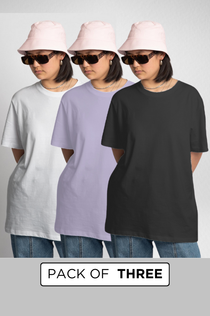 Pack Of 3 Oversized T-Shirts White Black And Lavender For Women - WowWaves - 1