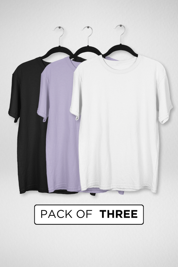 Pack Of 3 Oversized T-Shirts White Black And Lavender For Women - WowWaves