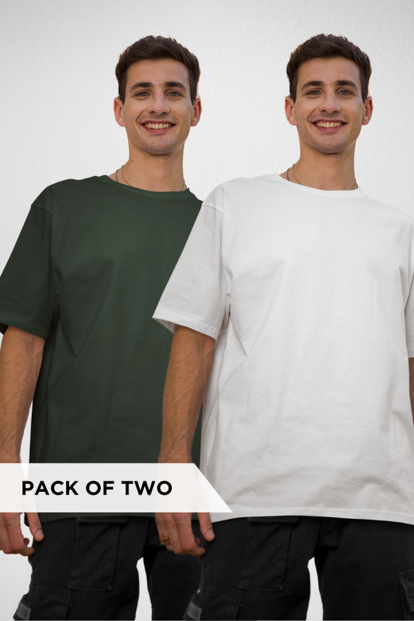 White And Bottle Green Oversized T-Shirts Combo For Men - WowWaves