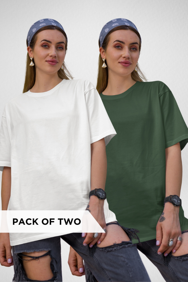 White And Bottle Green Oversized T-Shirts Combo For Women - WowWaves