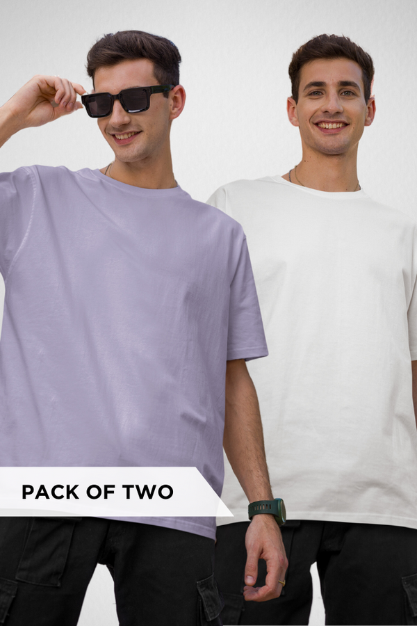 White And Lavender Oversized T-Shirts Combo For Men - WowWaves