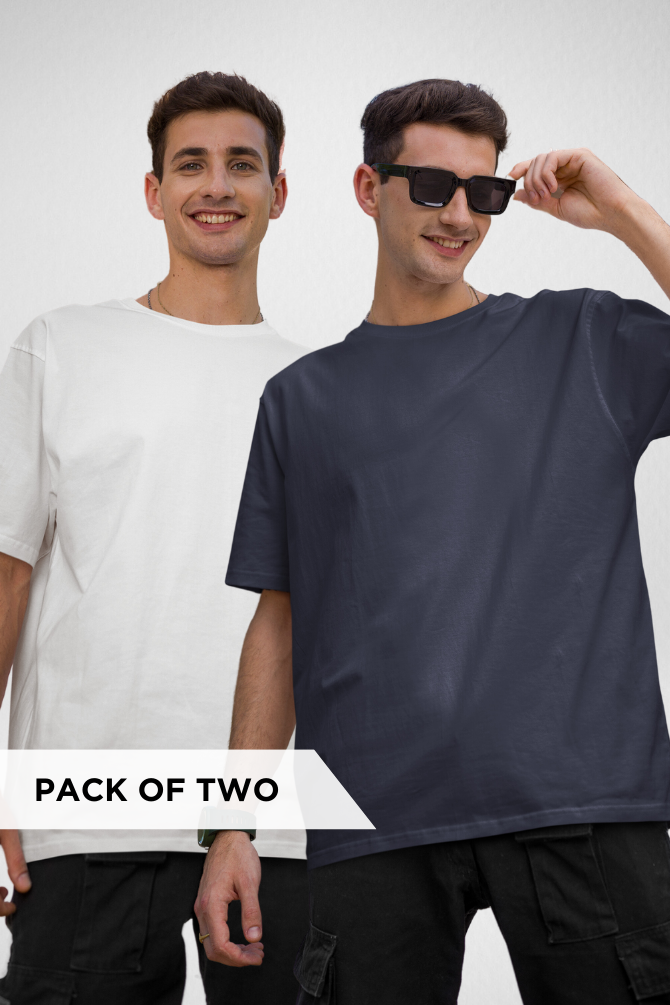 White And Navy Blue Oversized T-Shirts Combo For Men - WowWaves - 1