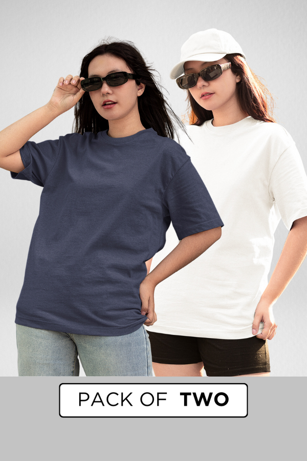 White And Navy Blue Oversized T-Shirts Combo For Women - WowWaves