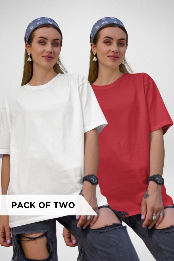 White And Red Oversized T-Shirts Combo For Women - WowWaves - 1