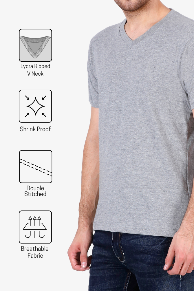 Grey Melange V Neck T-Shirt For Men - WowWaves - 4
