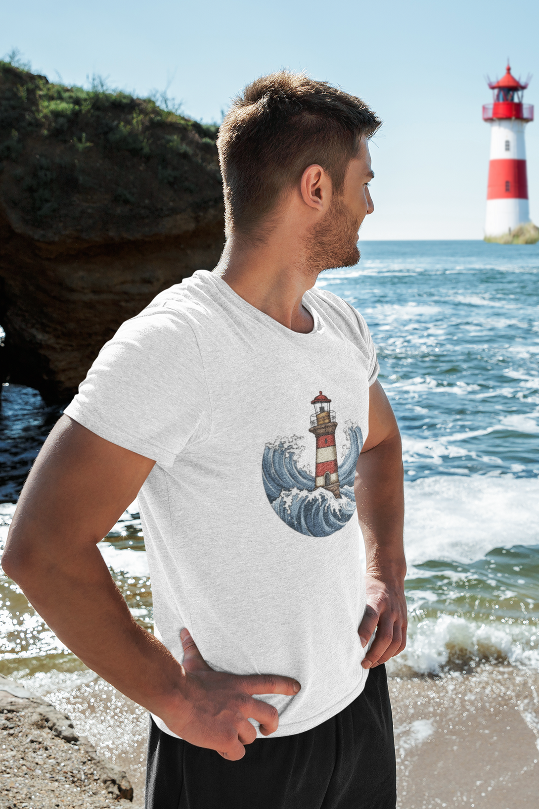 Lighthouse And Waves Printed T-Shirt For Men - WowWaves - 4