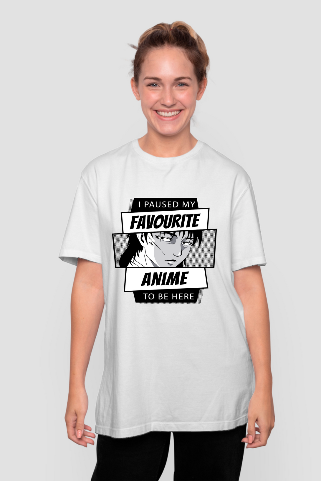 I Paused My Favourite Anime To Be Here Printed Oversized T-Shirt For Women - WowWaves - 5