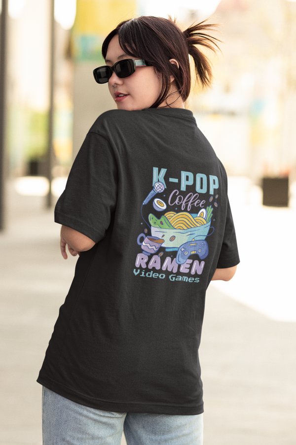 K Pop Ramen Black Printed Oversized T-Shirt For Women - WowWaves