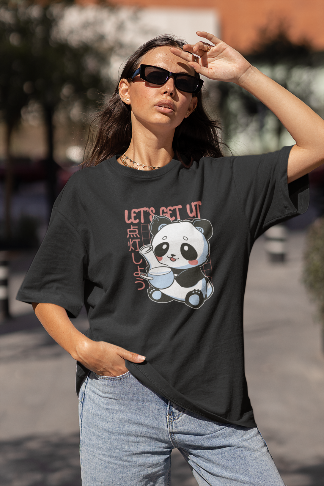 Panda With Bong Printed Oversized T-Shirt For Women - WowWaves - 3
