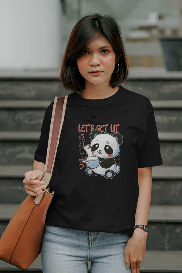 Panda With Bong Printed Oversized T-Shirt For Women - WowWaves