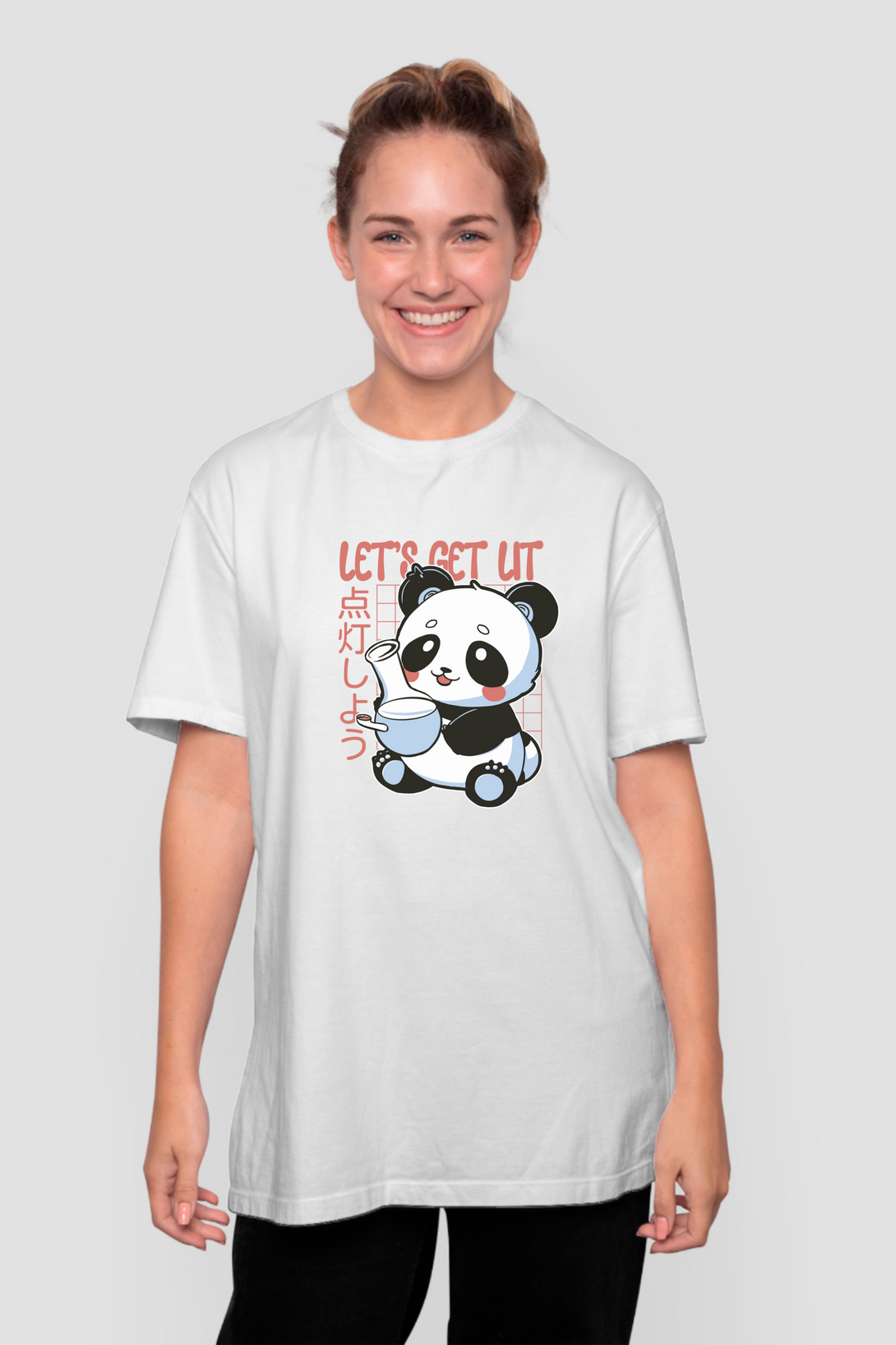 Panda With Bong Printed Oversized T-Shirt For Women - WowWaves - 7