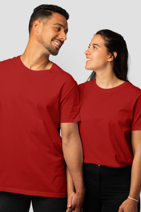 Red Colour Plain Couple T Shirt - WowWaves