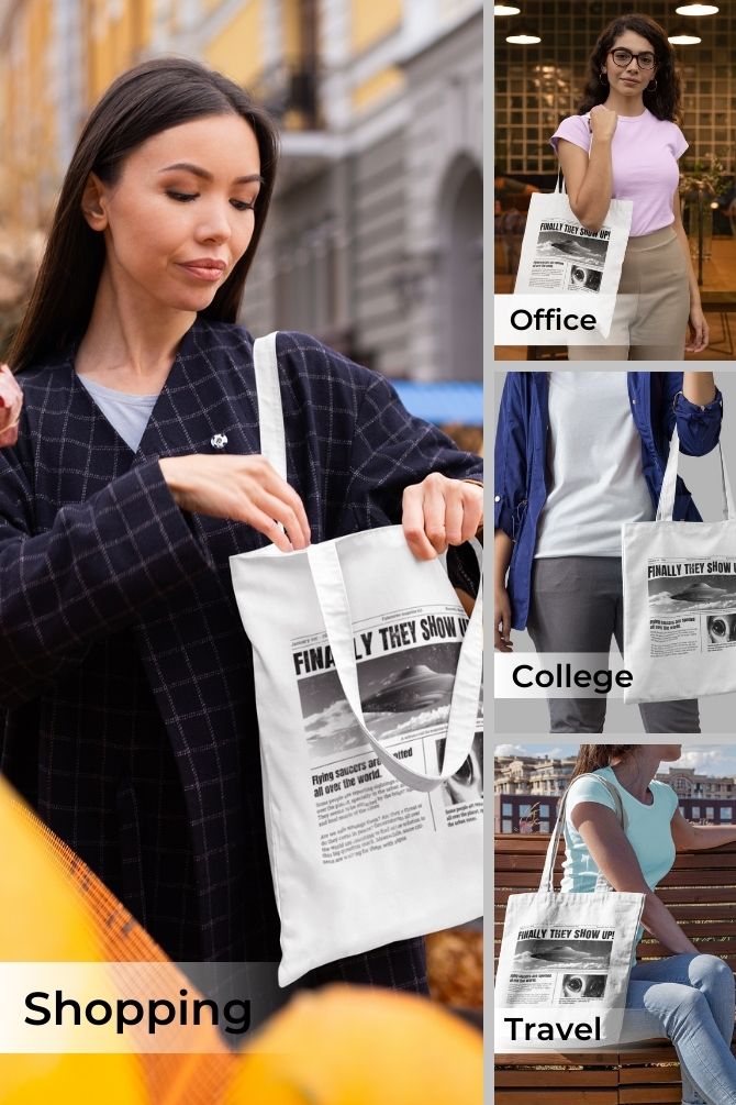 Spaceship Newspaper Zipper Tote Bag -7