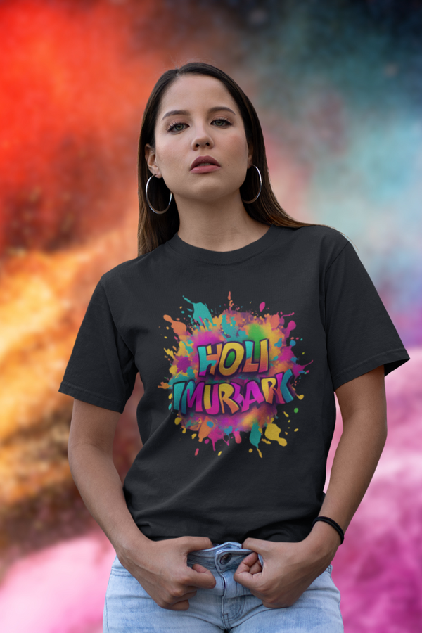 Colourful Holi Mubarak T-Shirt For Women - WowWaves