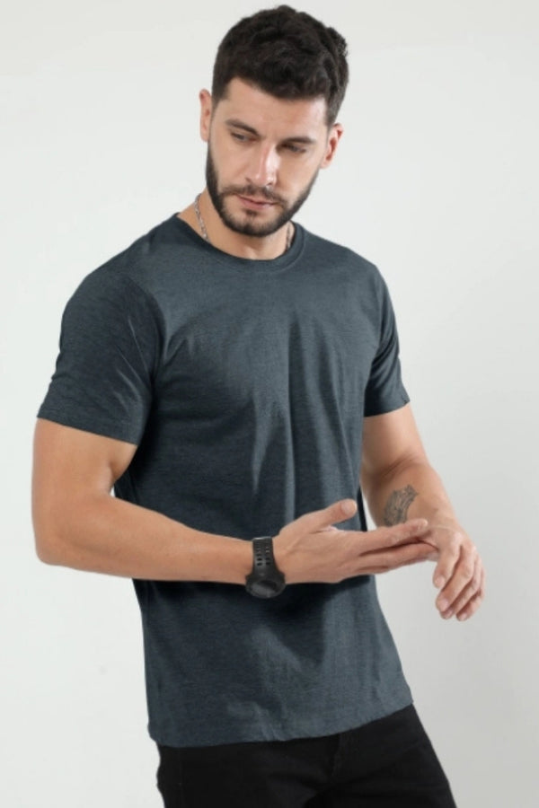 Navy Blue Melange Poly Cotton T-Shirt for Men