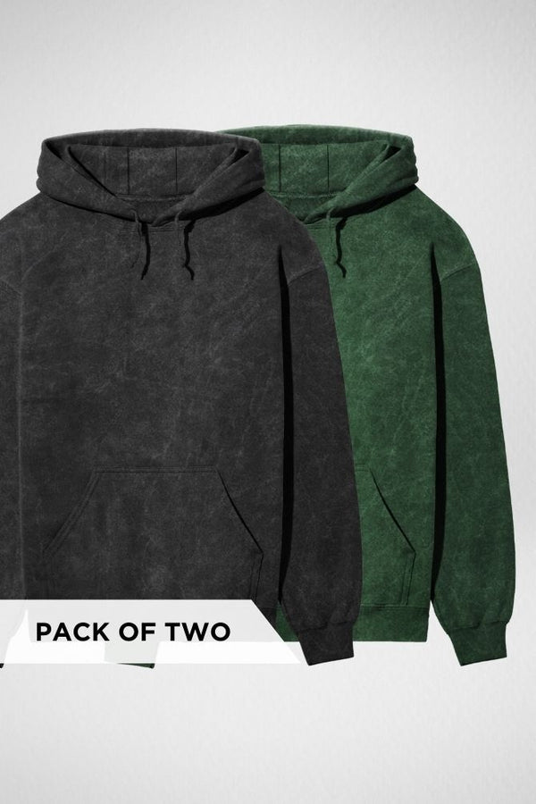 Black and Bottle Green Acid Wash Hoodies Combo - 1