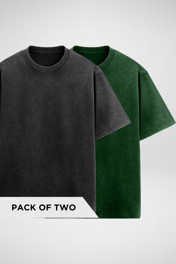 Black and Bottle Green Oversized Acid Wash T-shirts Combo - 1