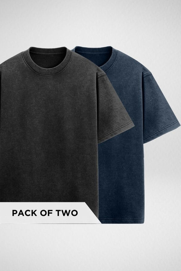 Black and Navy Blue Oversized Acid Wash T-shirts Combo - 1