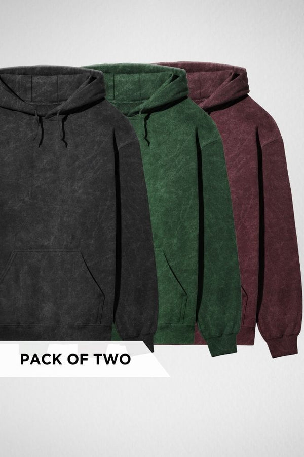 Pack of 3 Acid Wash Hoodies Black, Bottle Green and Maroon - 1