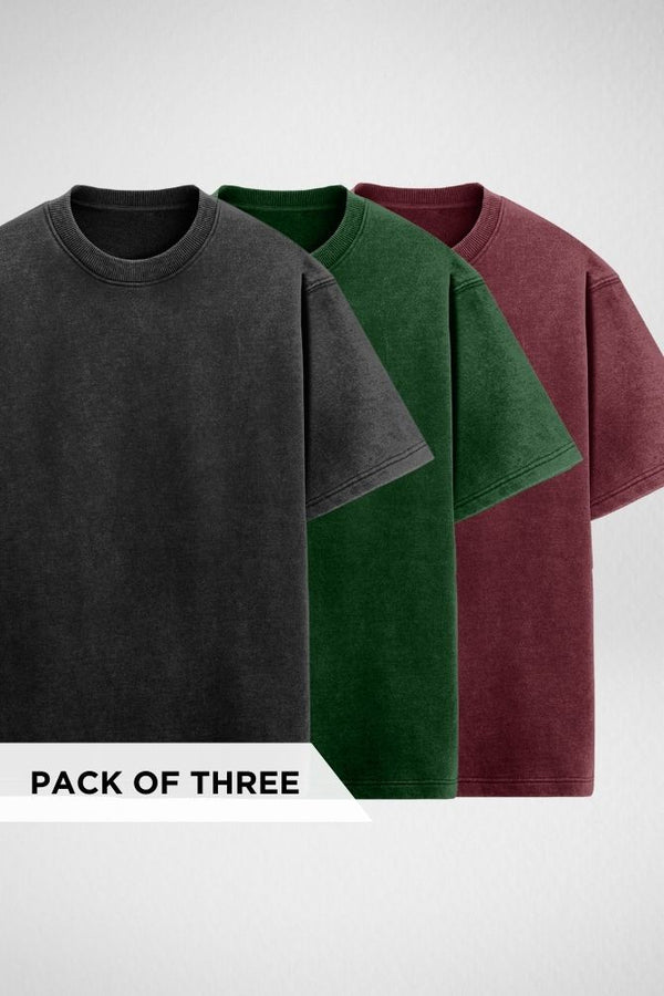 Pack of 3 Acid Wash Oversized T-shirts Black, Bottle Green and Maroon - 1