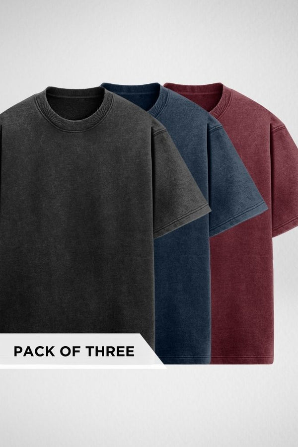 Pack of 3 Acid Wash Oversized T-shirts Black, Navy Blue and Maroon - 1