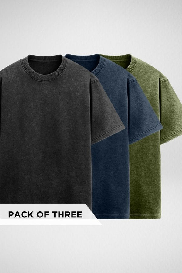 Pack of 3 Acid Wash Oversized T-shirts Black, Navy Blue and Olive Green - 1