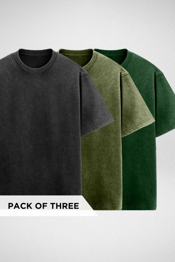 Pack of 3 Acid Wash Oversized T-shirts Black, Olive Green and Bottle Green - 1