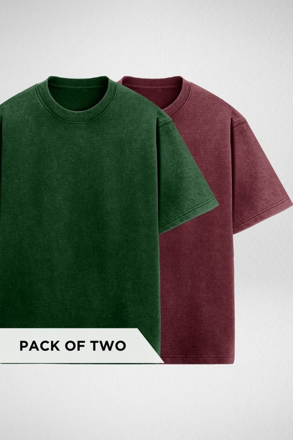 Bottle Green and Maroon Oversized Acid Wash T-shirts Combo - 1