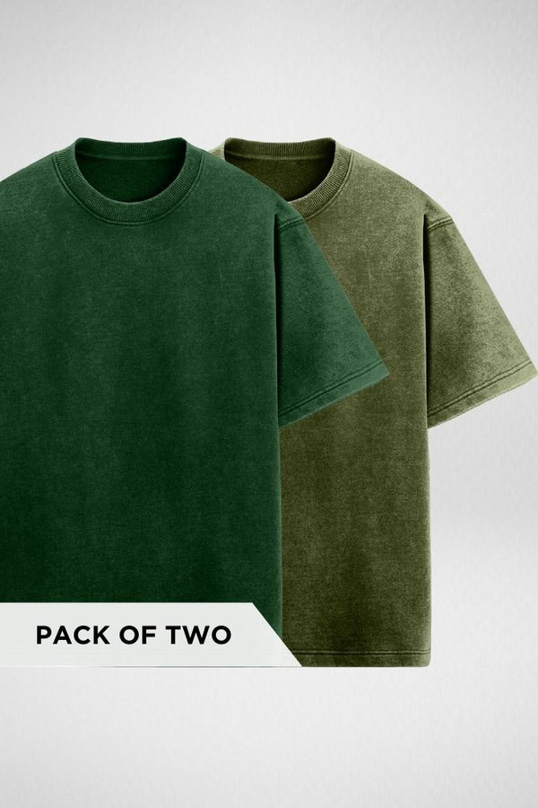 Bottle Green and Olive Green Oversized Acid Wash T-shirts Combo - 1