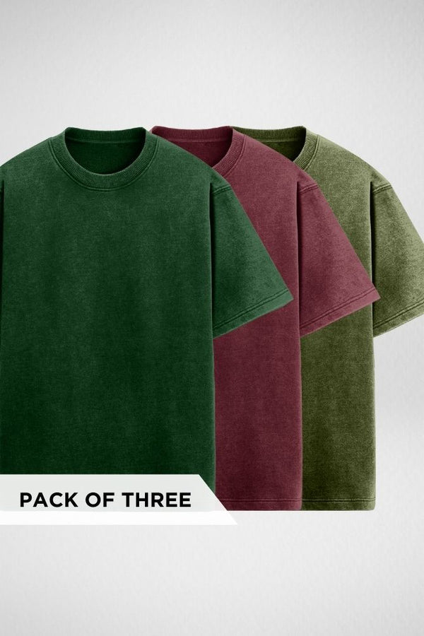 Pack of 3 Acid Wash Oversized T-shirts Bottle Green, Maroon and Olive Green - 1