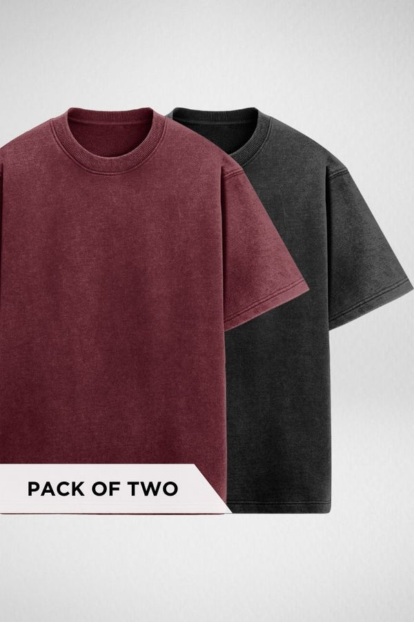 Maroon and Black Oversized Acid Wash T-shirts Combo - 1