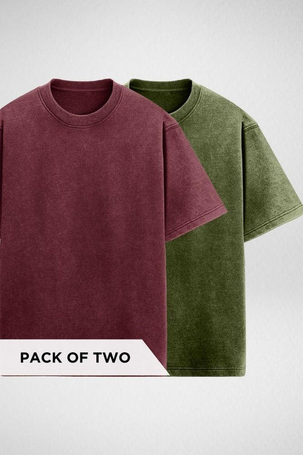 Maroon and Olive Green Acid Wash Oversized T-shirts Combo - 1