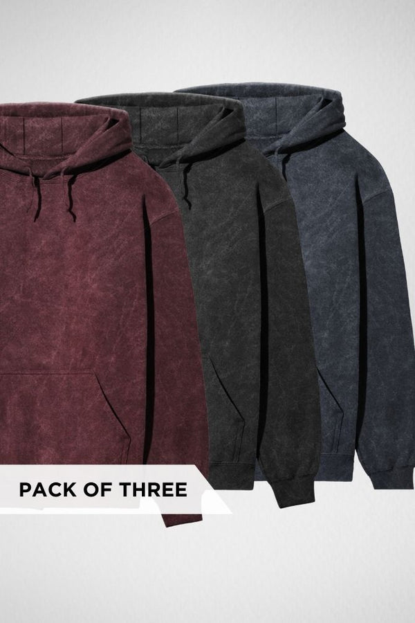 Pack of 3 Acid Wash Hoodies Black, Maroon and Navy Blue - 1