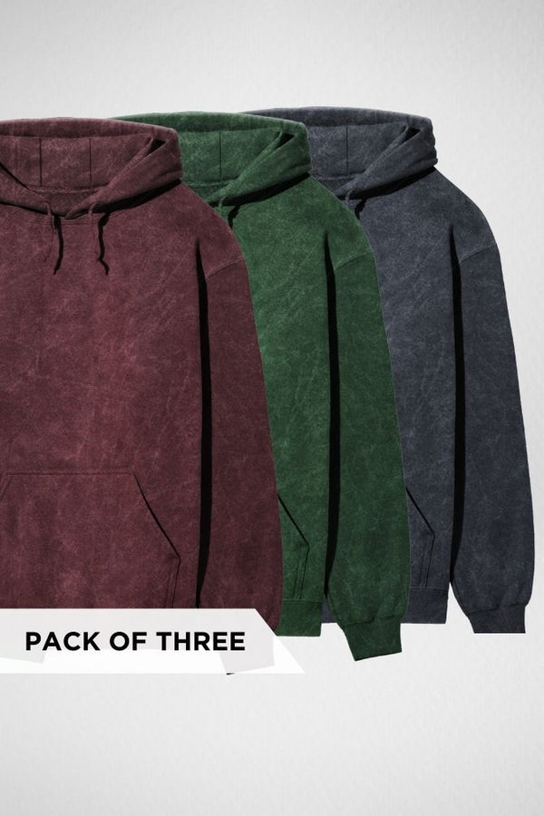 Pack of 3 Acid Wash Hoodies Maroon, Bottle Green and Navy Blue - 1